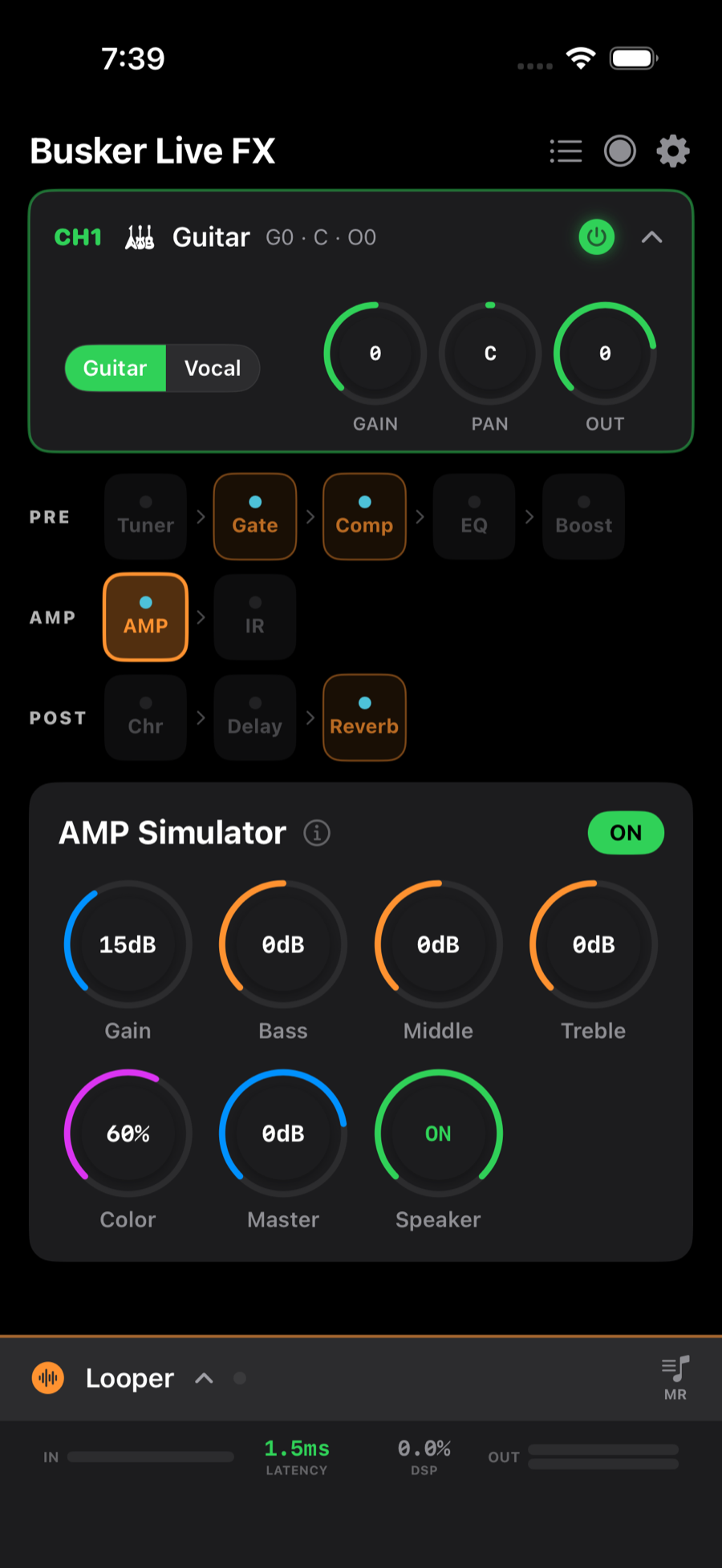 Channel 1 (Guitar) with the mixer expanded — Guitar/Vocal toggle, gain, pan, out