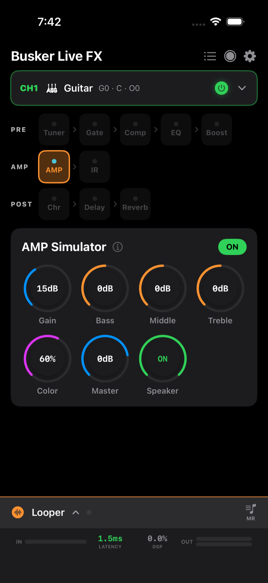 AMP simulator editor: gain, EQ, color, master, speaker sim