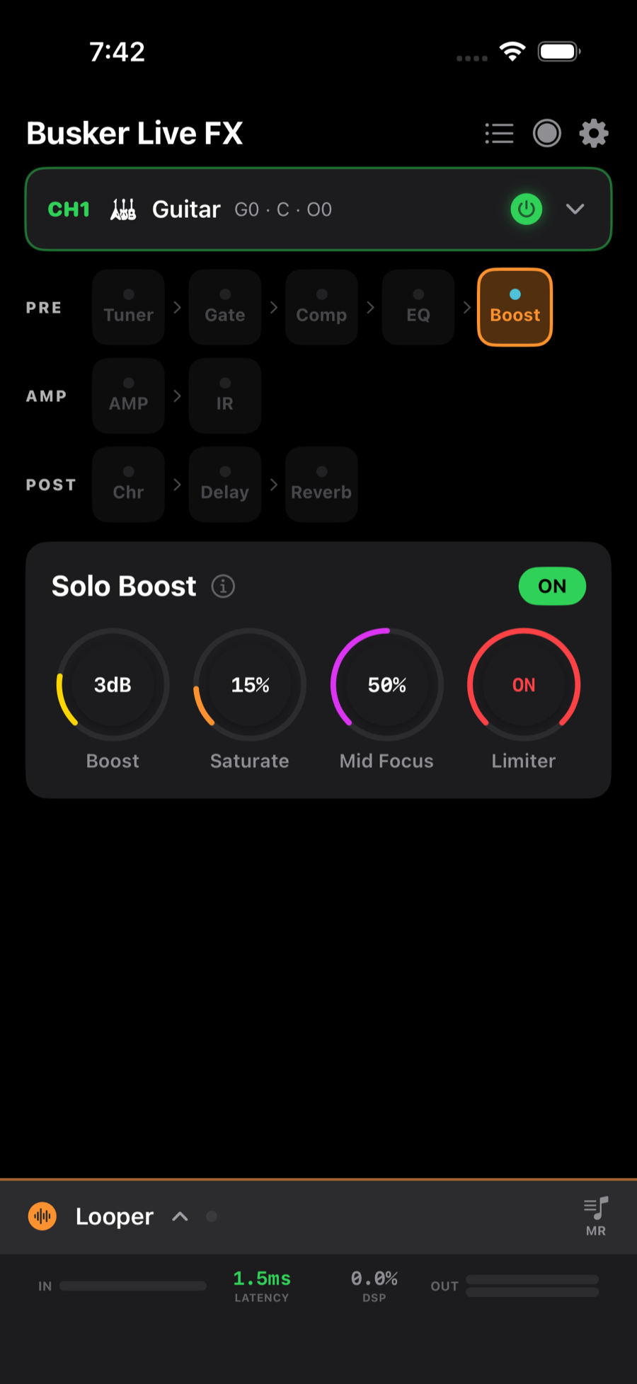 Solo Boost editor with boost, saturate, mid focus, limiter