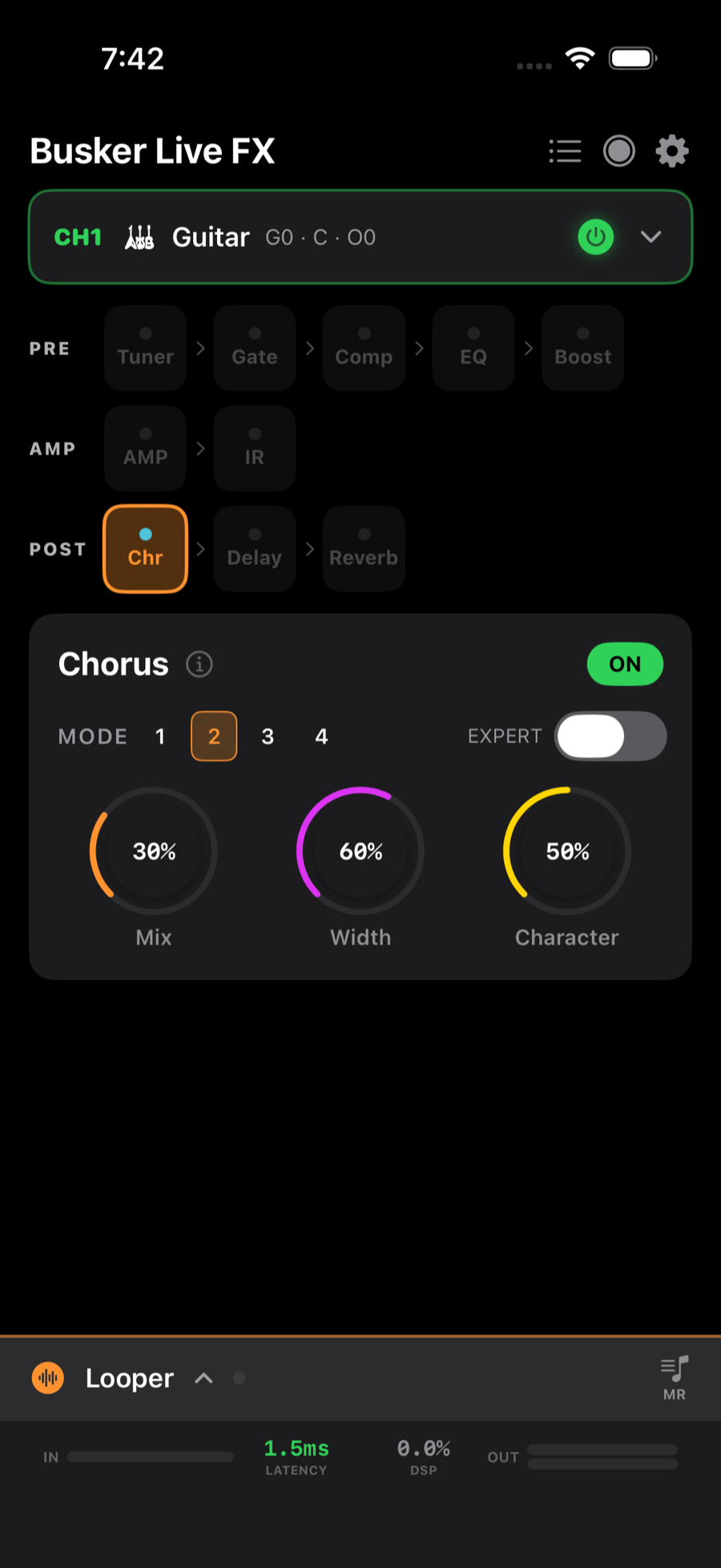 Chorus editor with mode, mix, width, character