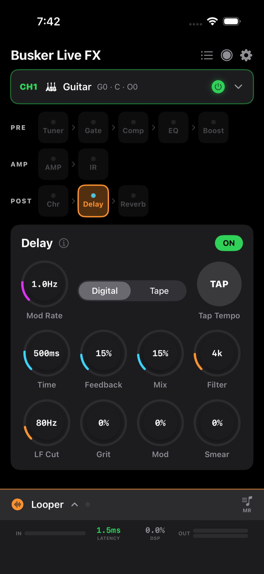 Delay editor with time, feedback, mix, tone, Digital/Tape, tap tempo