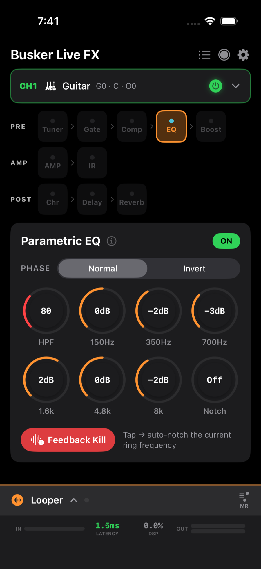 Parametric EQ editor with HPF, six bands, notch and Feedback Kill