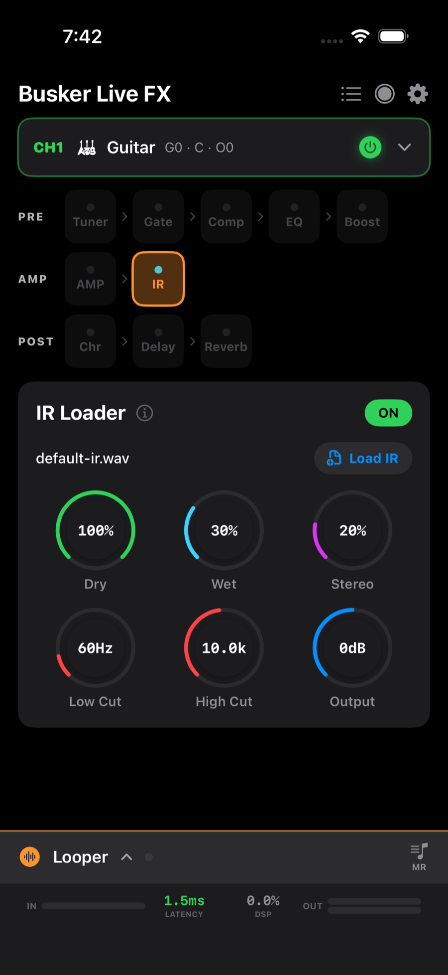 IR Loader editor with dry/wet/stereo, cut filters, output