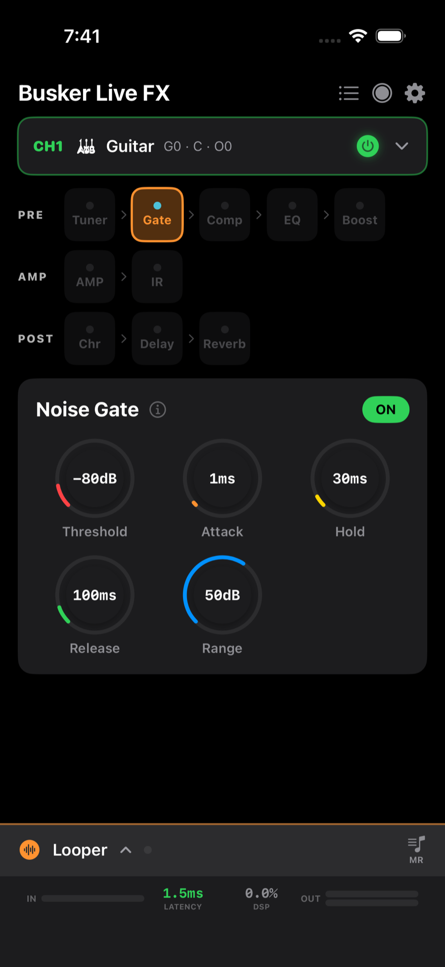Noise Gate editor with threshold, attack, hold, release, range