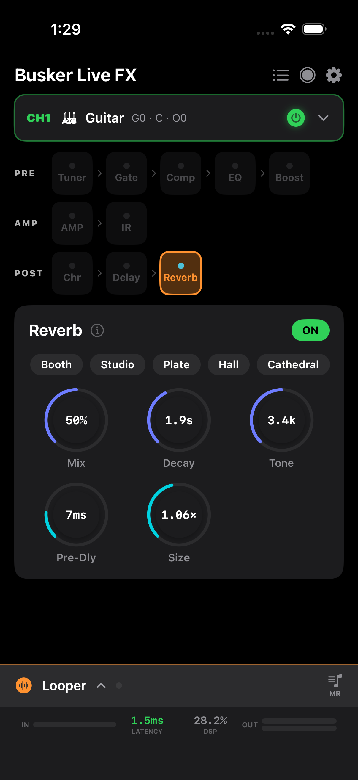 Reverb editor with preset row, mix, decay, tone, pre-delay, size, shimmer