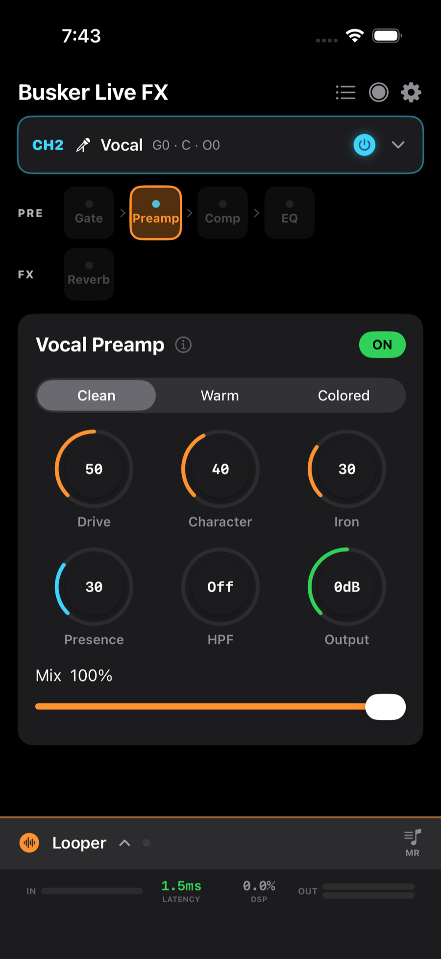 Vocal Preamp editor with Clean/Warm/Colored, drive, character, iron, presence