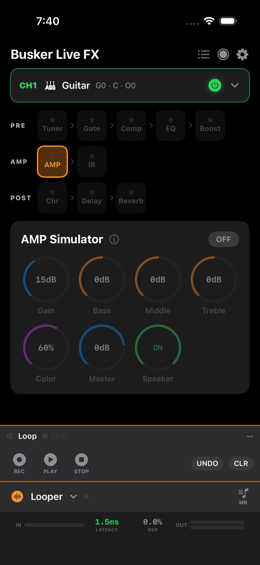 Looper expanded with REC / PLAY / STOP / UNDO / CLR controls