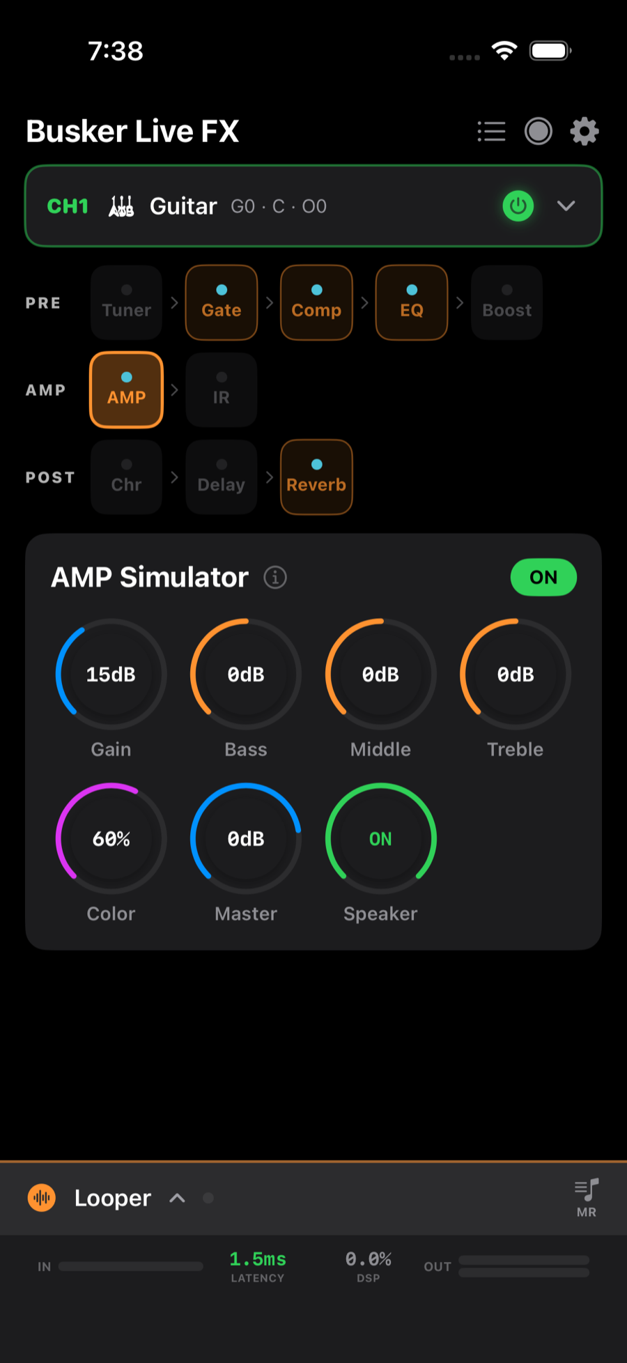 Main view: signal chain, effect editor, looper bar