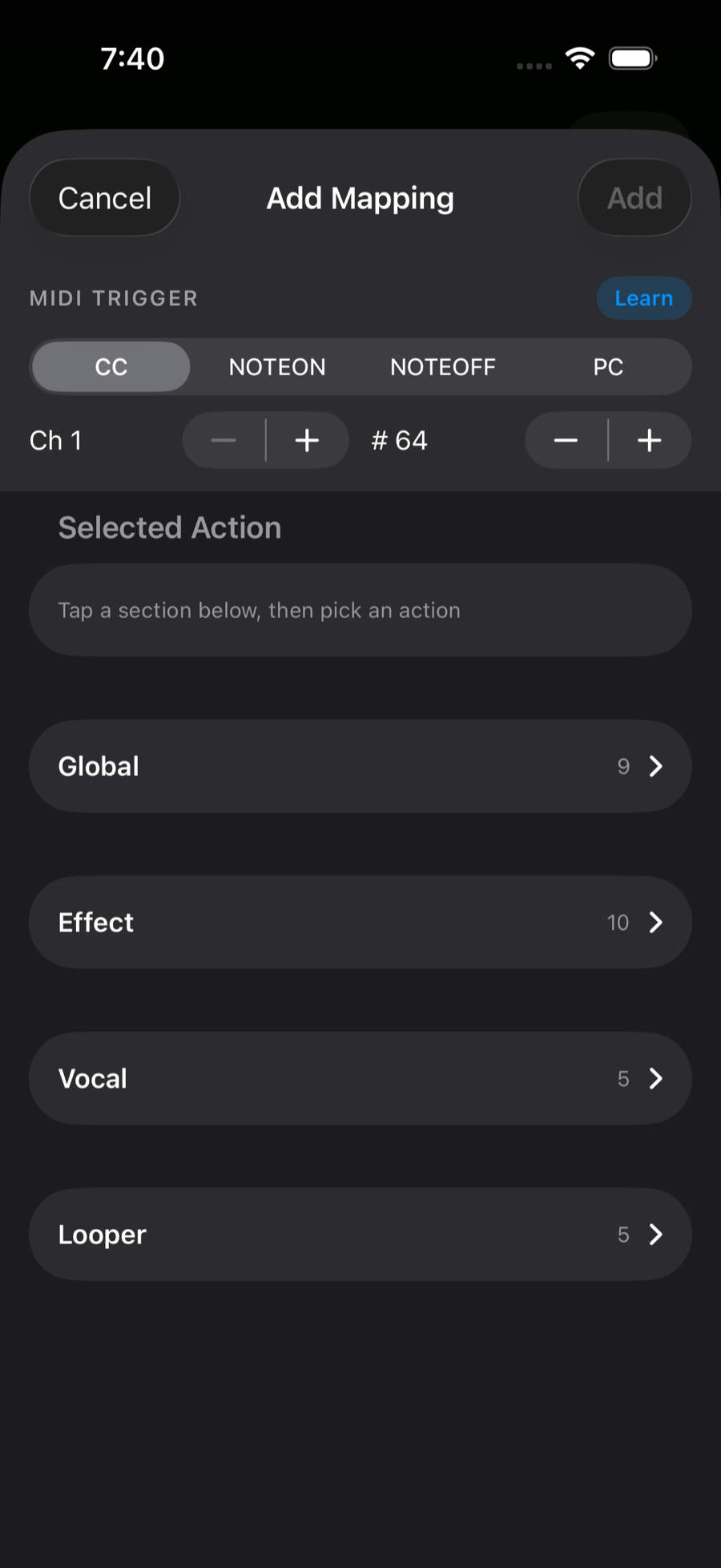 Add MIDI mapping sheet with trigger and action selection