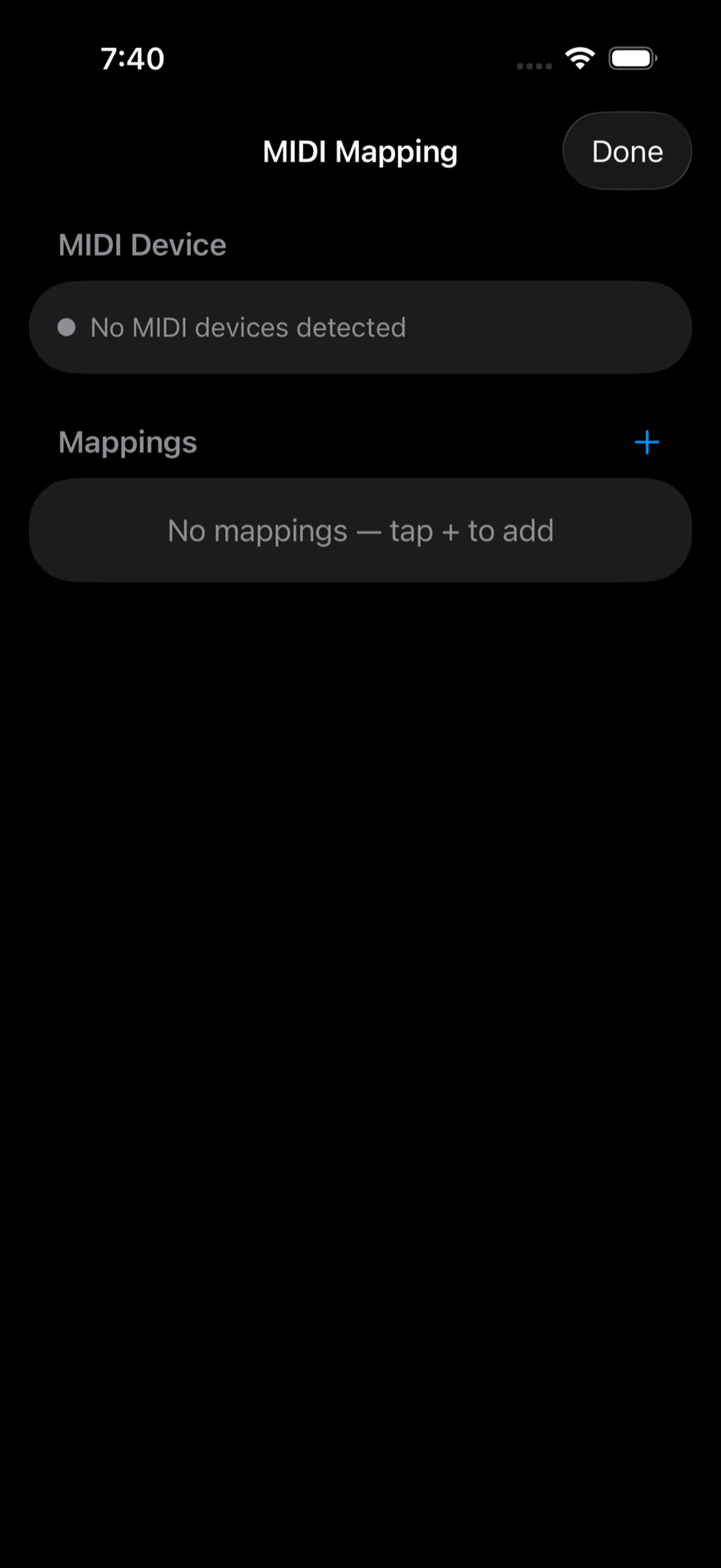 MIDI controller screen with device list and mappings
