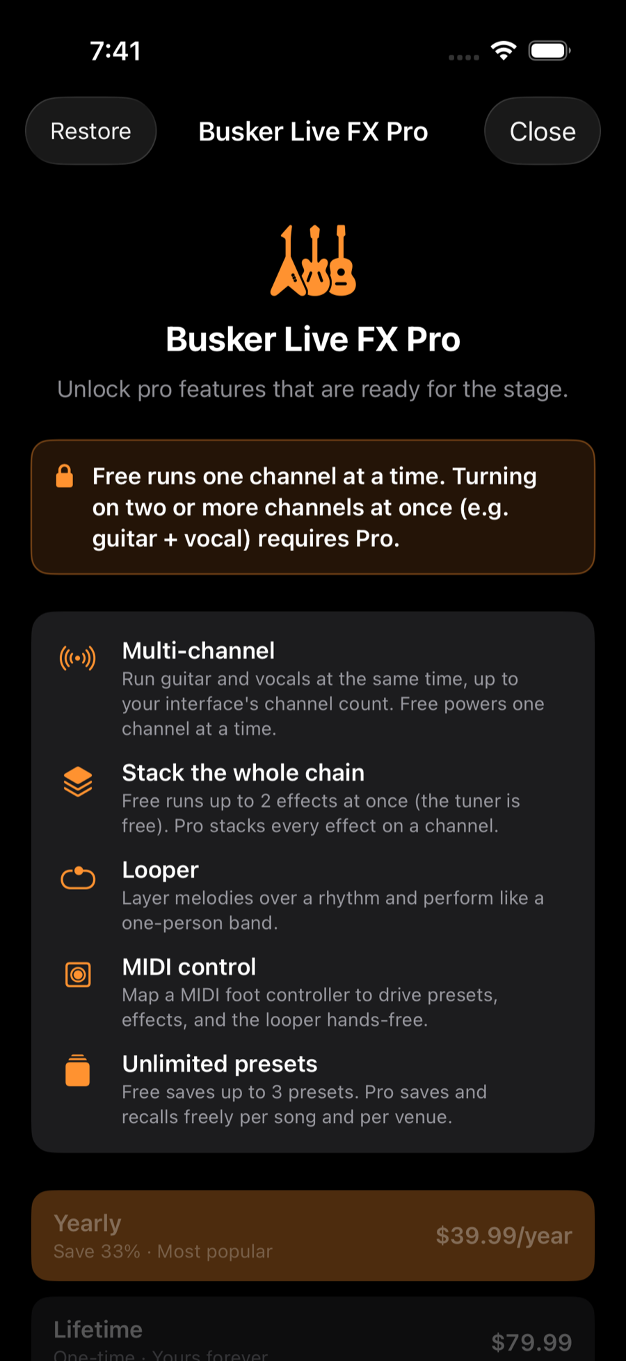 Pro paywall with the feature list and plans