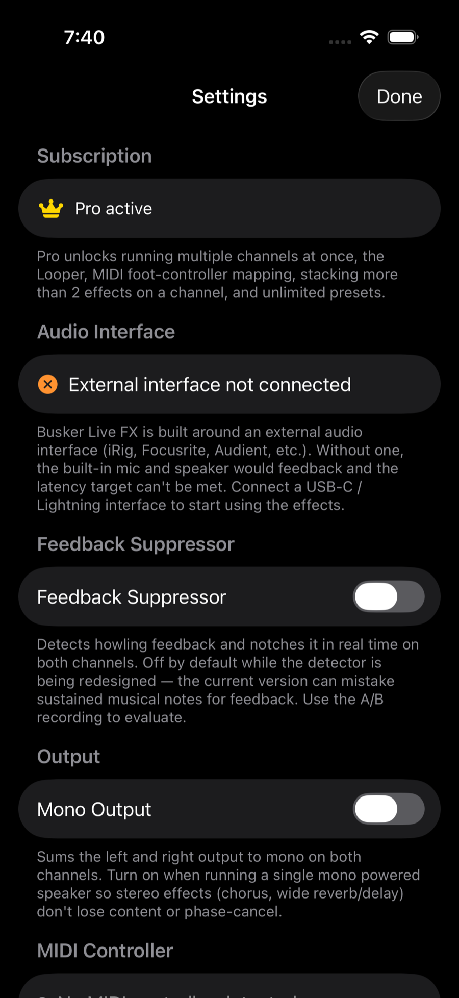 Settings sheet: subscription, audio interface, feedback suppressor, output