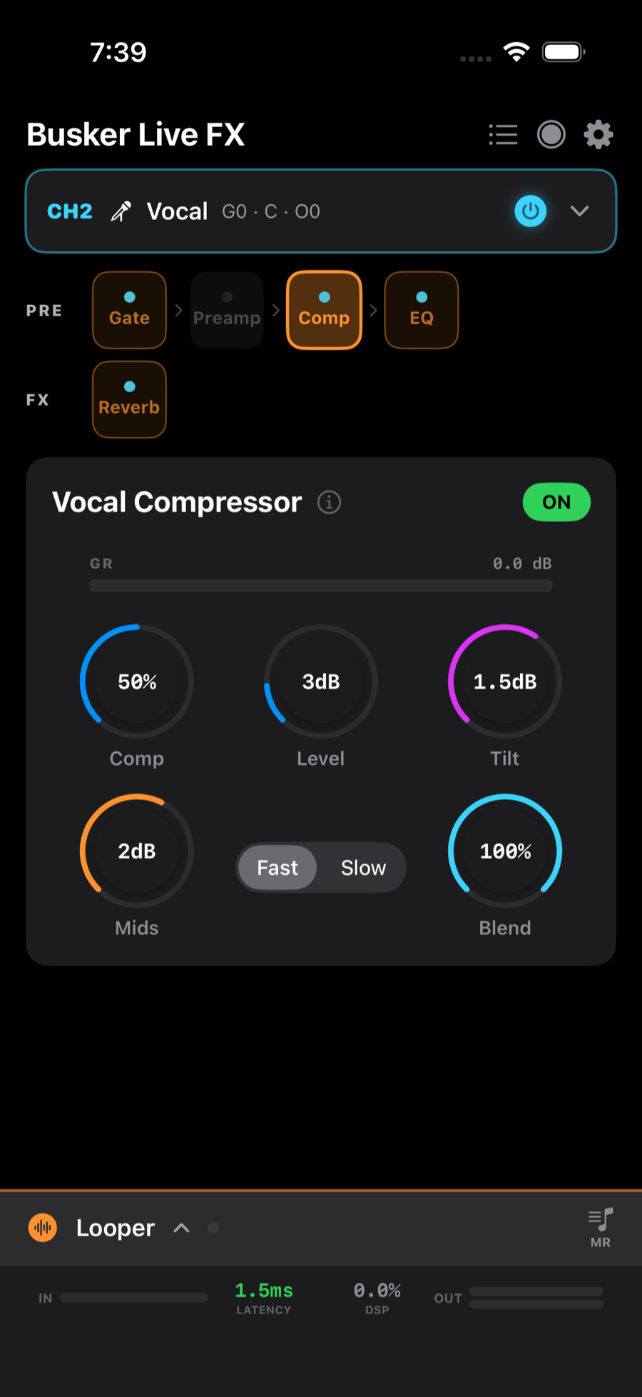 Vocal channel: PRE / FX rows with the vocal mixer