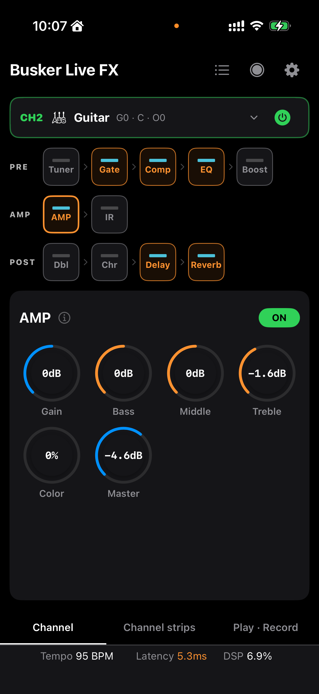 접힌 채널 정보와 Guitar 체인, NAM AMP 컨트롤