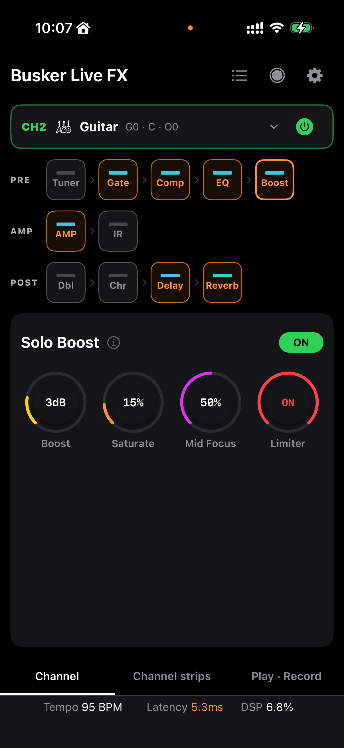 Solo Boost의 Boost·Saturate·Mid Focus·Limiter