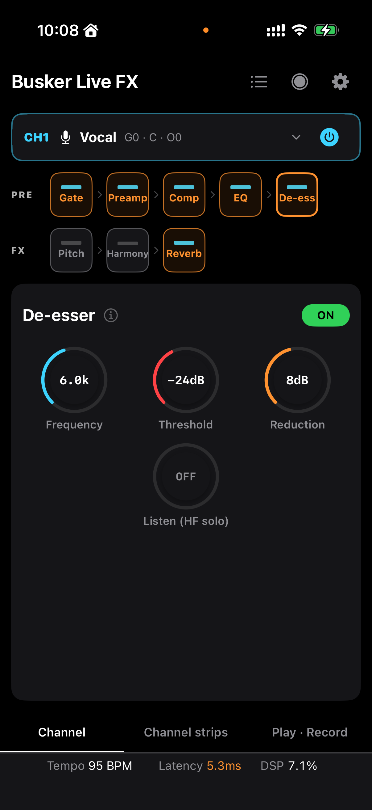 Vocal De-esser의 Frequency·Threshold·Reduction·Listen
