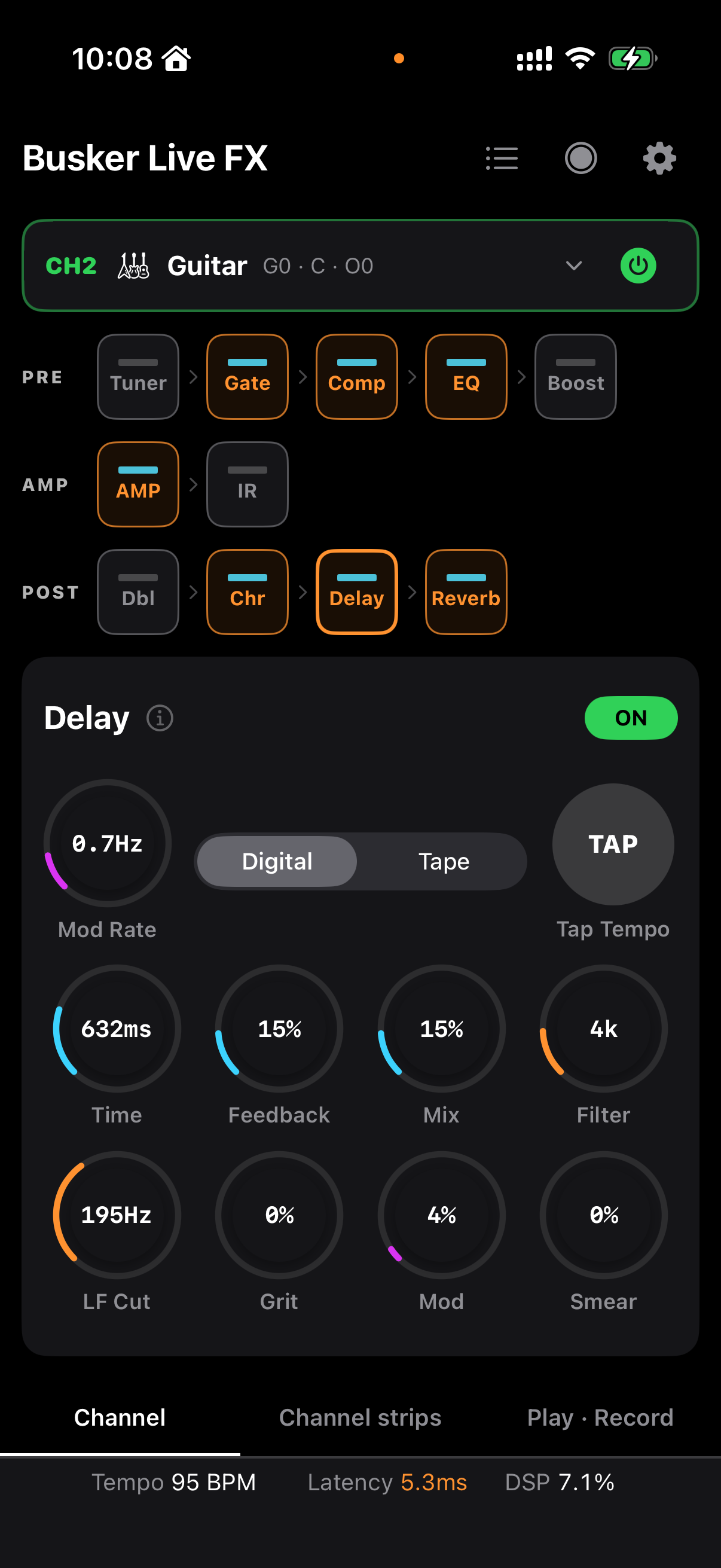 Delay의 Digital/Tape·Tap Tempo와 모든 기본 컨트롤