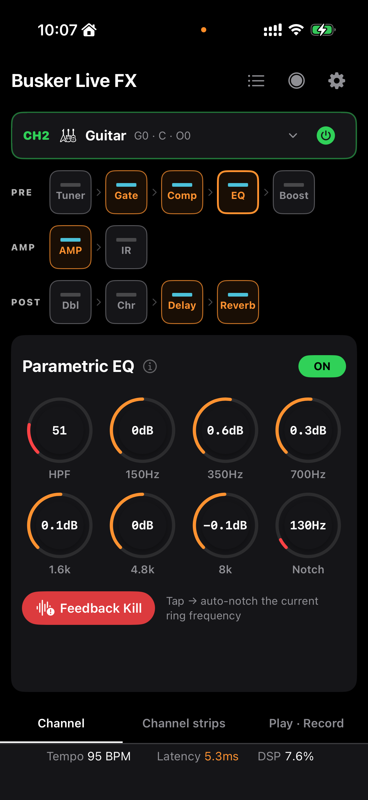 Guitar EQ 컨트롤과 Feedback Kill 버튼