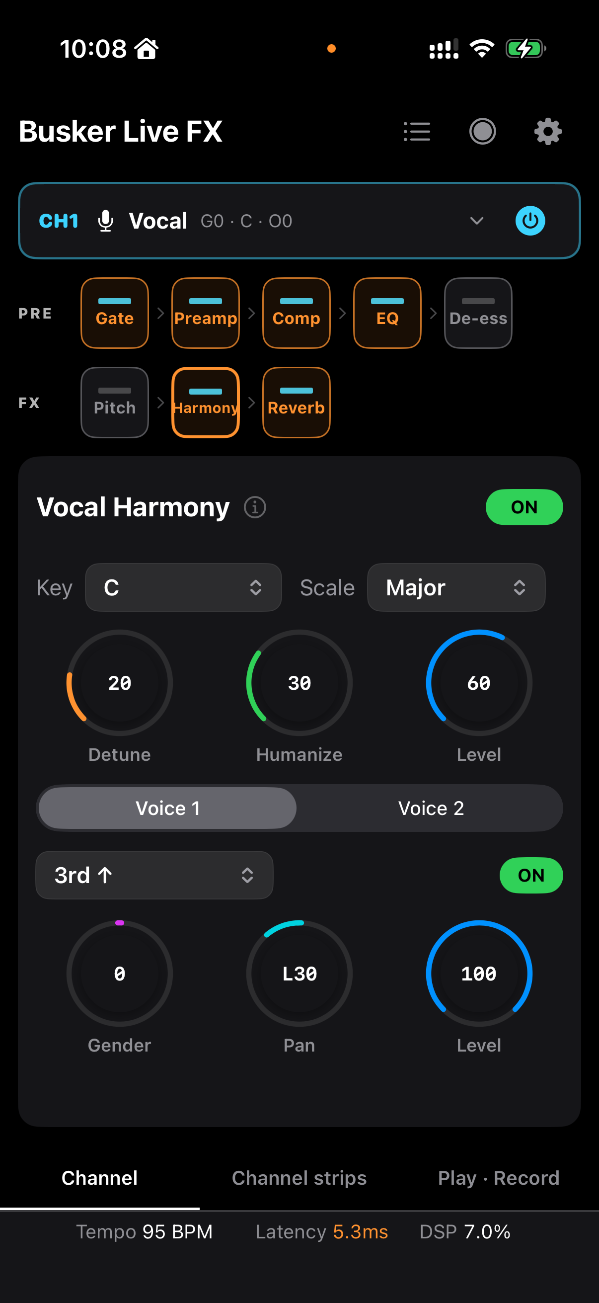 Vocal Harmony의 Key·Scale·Voice 1/2 탭과 화음 컨트롤