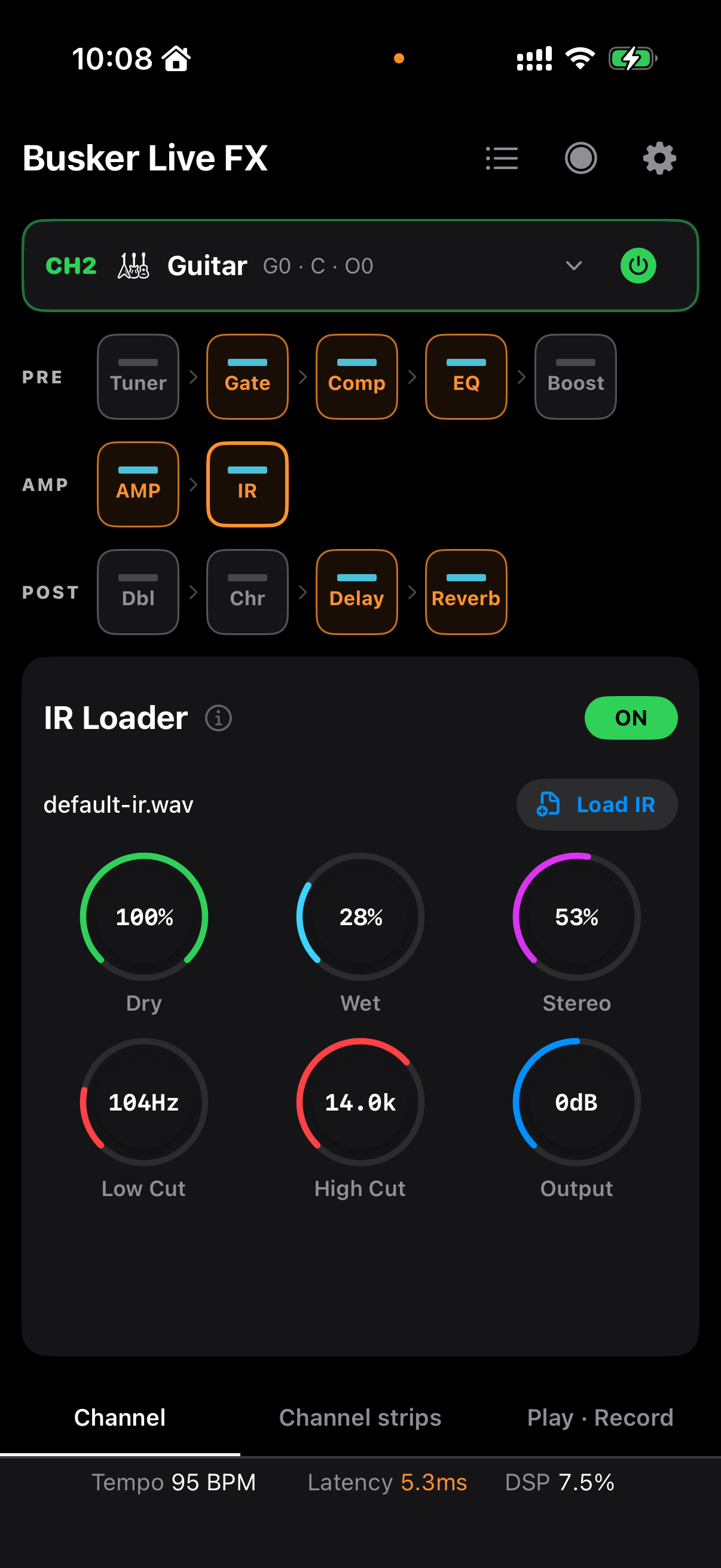 IR Loader의 파일 이름과 Dry·Wet·Stereo·필터·Output