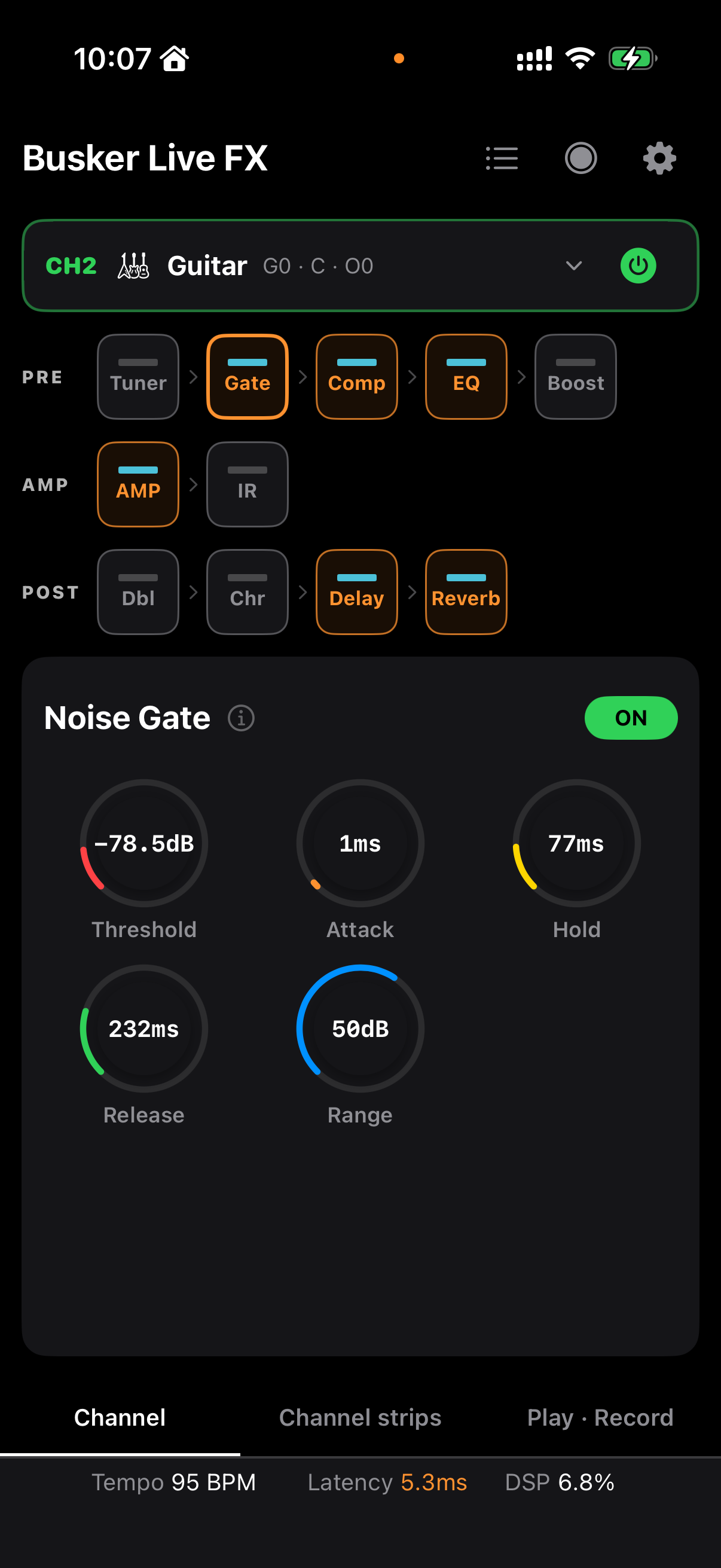 Guitar Noise Gate의 Threshold·Attack·Hold·Release·Range