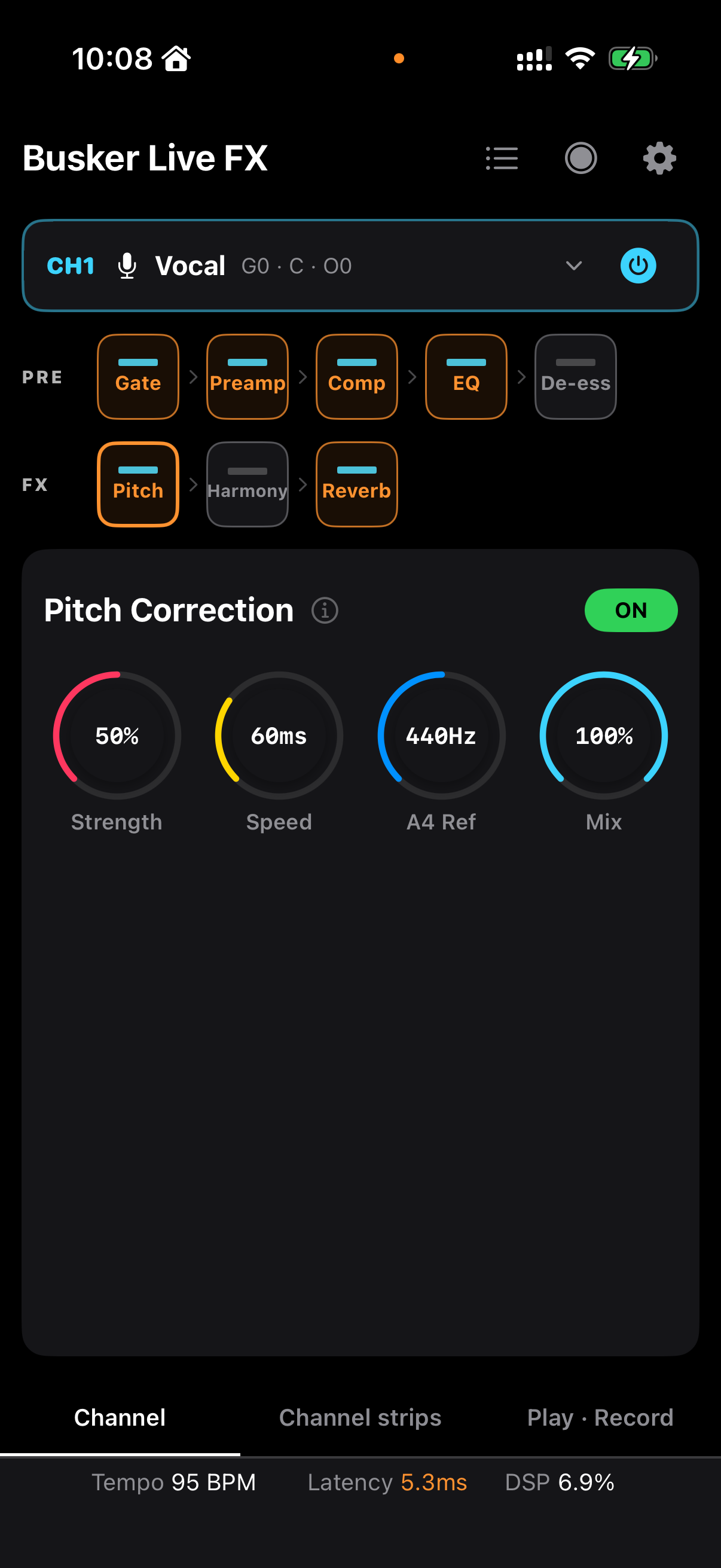 Vocal Pitch Correction의 Strength·Speed·A4 Ref·Mix