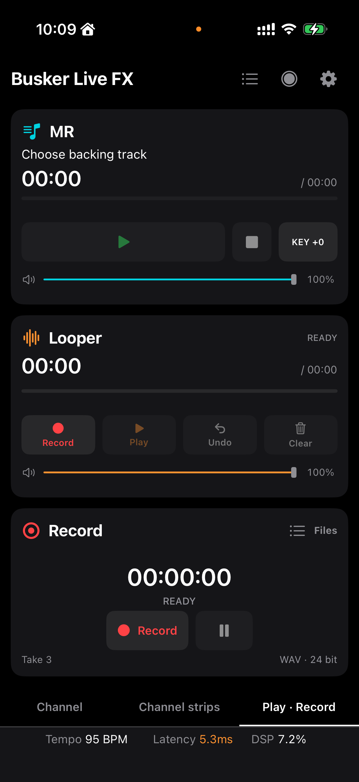 iPhone — MR·Looper·Record 패널, 루프 볼륨과 Files 버튼