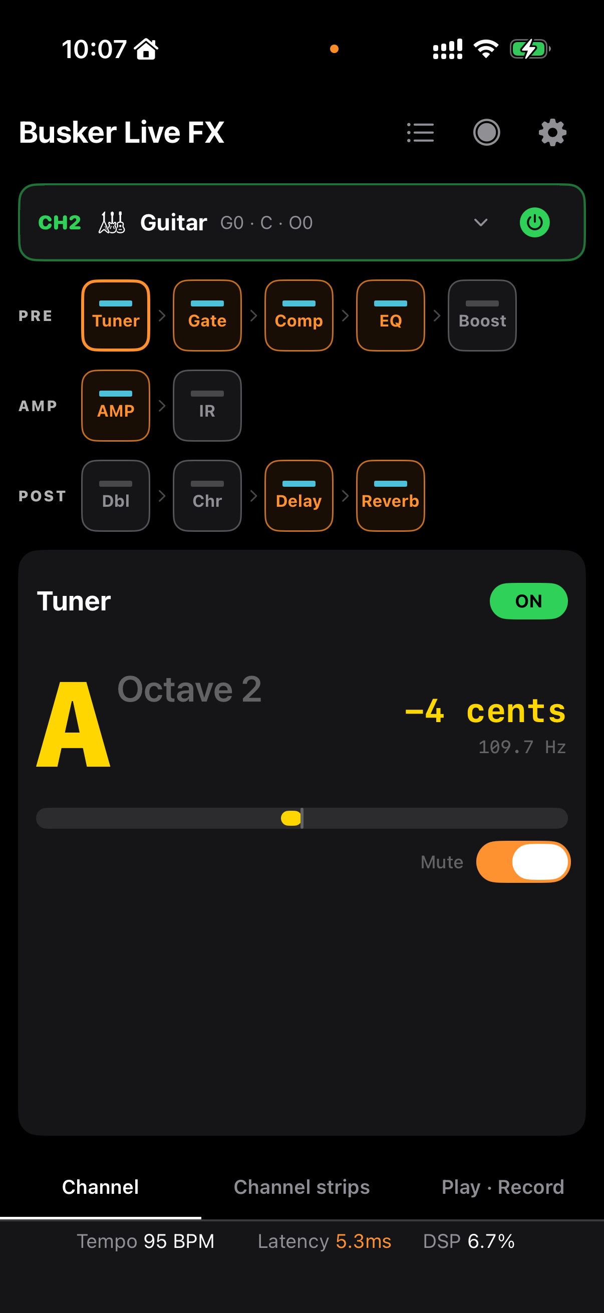 기타 Tuner의 감지 음정과 Mute