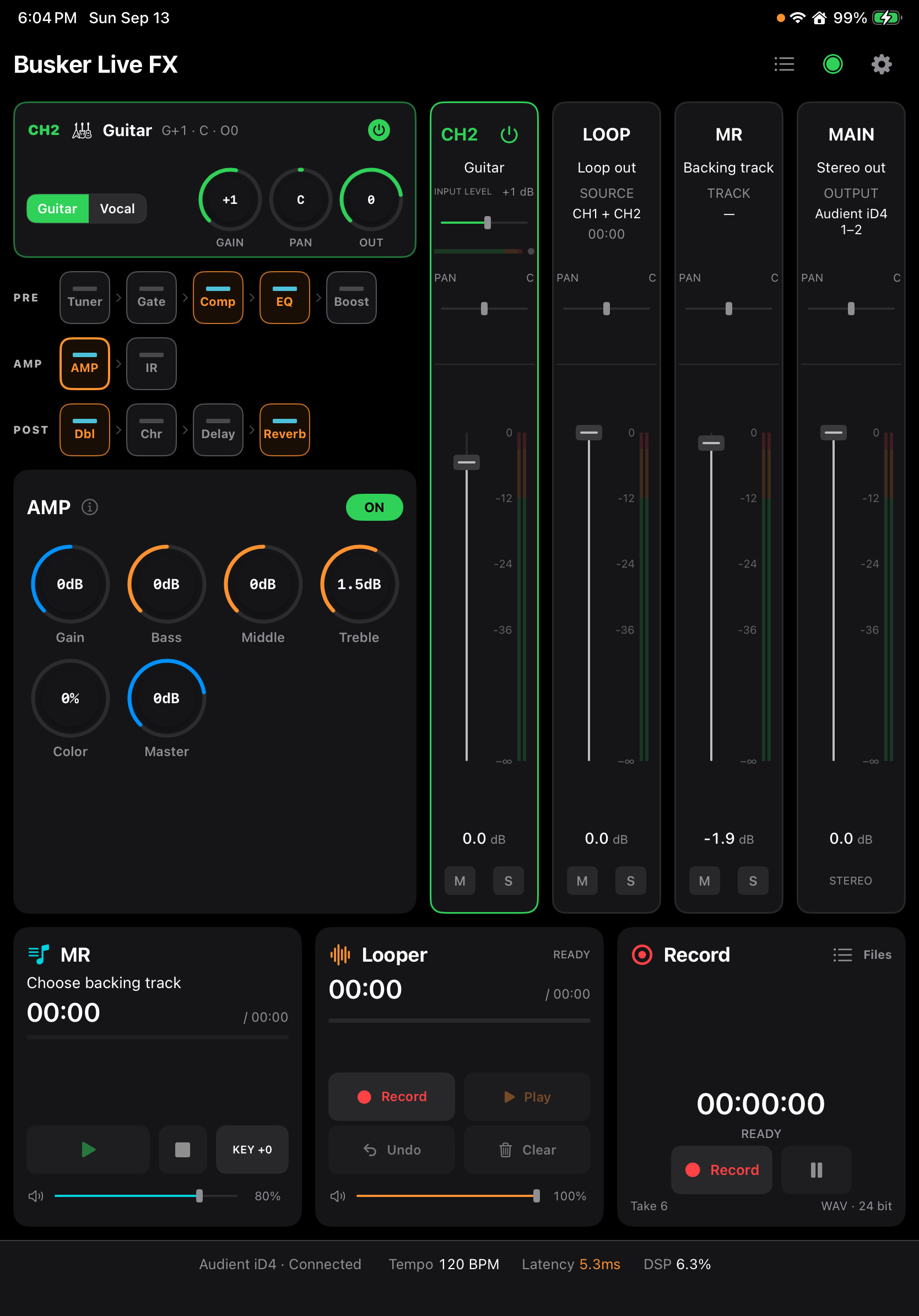 iPad 세로 — 하단에 가로 배치된 MR·Looper·Record